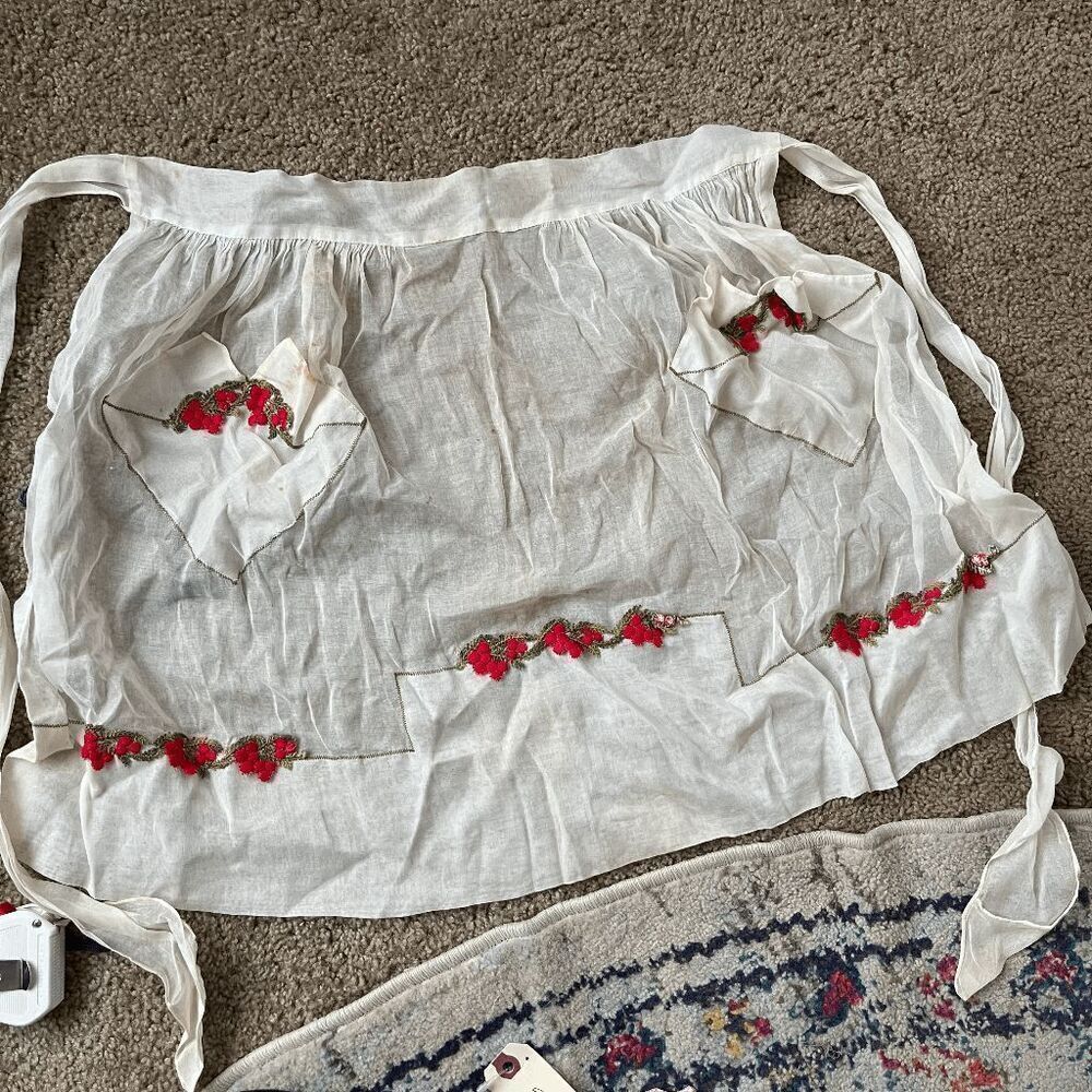 VTG 1950s Sheer Hostess Apron Embroidered Valentine Carmen Lee Cotton